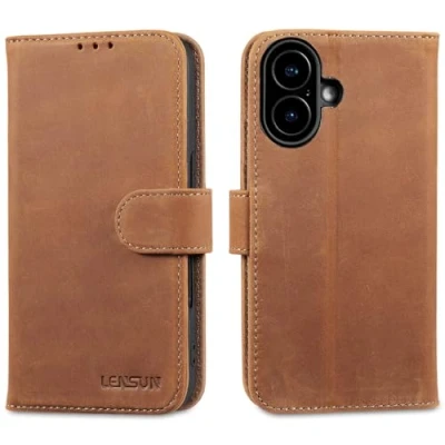 Abbildung von LENSUN Echtleder Hülle für iPhone 16, Handyhülle [Echtes Leder][Standfunktion][RFID Schutz] Handytasche Lederhülle Kompatibel mit 16 5G(6,1&quot;) Vintage Braun