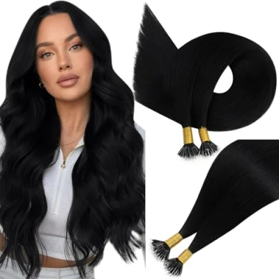 Abbildung von Easyouth Nano Bead Extensions Echthaar Farbe Pechschwarz 35 cm 50 Stück 50g Pre B0nded Haarverlängerungen Ring #1