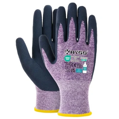 Abbildung von KAYGO 3 Paar Arbeitshandschuhe für Damen Atmungsaktiv Latex Beschichtete Frauen Gartenhandschuhe aus recyceltem Polyester, umweltfreundliche Schutzhandschuhe Haus Gartenarbeit (Lila, L, Gr 9)