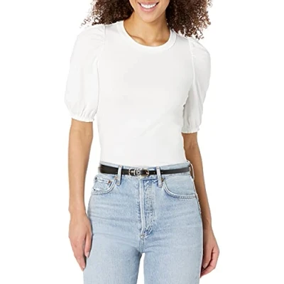 Abbildung von Amazon Essentials Damen Kurzärmliges T Shirt mit Puffärmeln und Rundhalsausschnitt in klassischer Passform, Grellweiß, XL