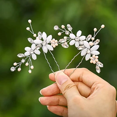 Abbildung von IYOU Braut Blume Haarnadeln Silber Strass Haarspangen Perle Hochzeit Haarschmuck für Frauen und Mädchen (2 Stück) (Silber)