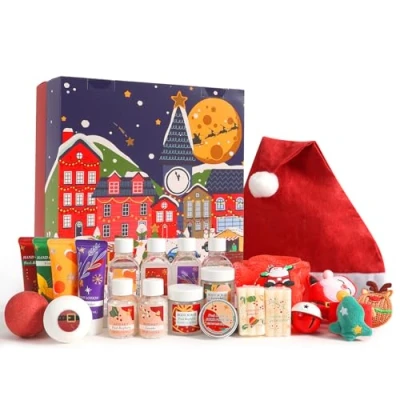 Abbildung von BODY &amp; EARTH weihnachtsgeschenke Adventskalender 2024 für frauen mit 24 SPA Produkten und Weihnachtsdekoration, darunter Handcreme, Körperlotion, Duschgel uvm,