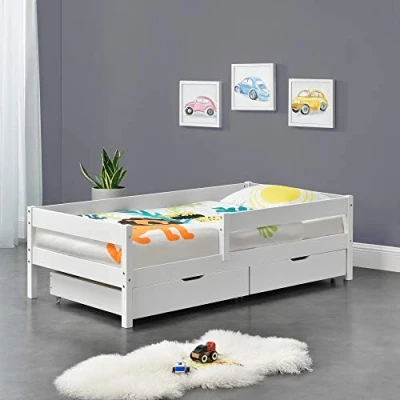 Abbildung von [en.casa] Kinderbett mit Rausfallschutz und Schubladen 90x200 cm Jugendbett Schutzgitter bis 100 kg Lattenrost Kiefernholz Holz Weiß