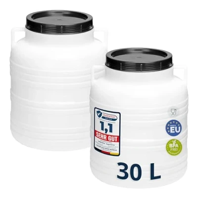 Abbildung von Garronda Set 2x 30 Liter Weithalsfass BPA frei Futtertonne Fass Universalfass Lebensmittel Regenfass für Garten Regentonne mit Deckel Regenwassertonne Wassertonne GD 0121, Weiß