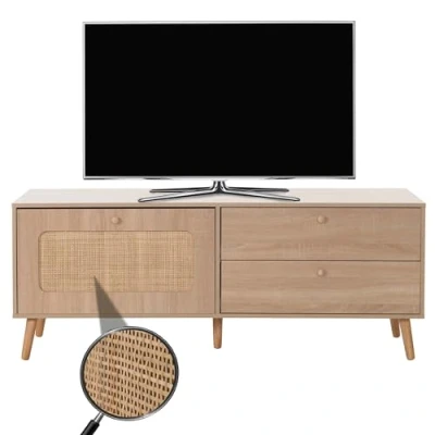 Abbildung von Mendler TV Rack HWC M38, Lowboard Fernsehtisch Schrank Kommode, Schublade Türe, Kubu Rattan Holz 56x140x41cm Eiche Optik