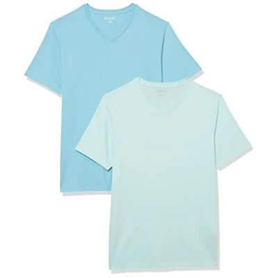 Abbildung von Amazon Essentials Herren T Shirts mit V Ausschnitt, 2er Pack, Aquablau/Hellblau, L