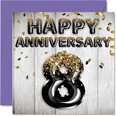 Abbildung von Tolle Bronze Jubiläumskarte für Ehemann Freund Ehefrau Freundin Schwarz Gold Glitzer Luftballons Happy 8th Anniversary Cards from Family 145 mm x Grußkarten den achten Jubiläen