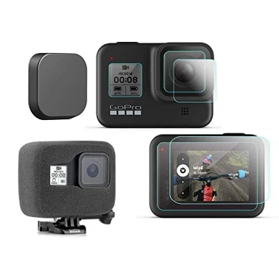 Abbildung von Komet Windschutzscheiben Schaumstoff + Linse &amp; LCD Glas Displayschutzfolie Objektivdeckel kompatibel für GoPro Hero 8 Action Kamera (6 Stück)