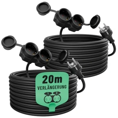 Abbildung von greate 2X 2fach Verlängerungskabel außen 20 Meter wasserdicht IP44 Aussenbereich 2 Fach Mehrfachsteckdose Verlängerung draußen 20m 3500 W Outdoor Extension Cord Waterproof