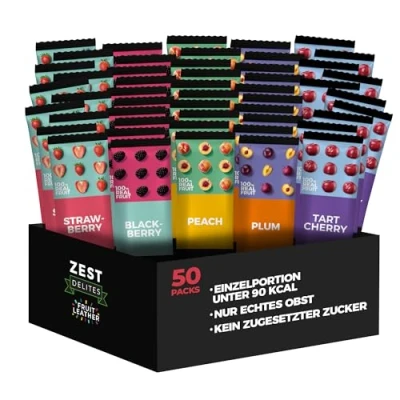 Abbildung von Zest Delites Fruchtriegel Süßigkeiten, Glutenfreie Lebensmittel, Getrocknete Früchte, Gesunde Snacks, 25 g Packung mit 50 Stück Erdbeere, Brombeere, Pfirsich, Pflaume, Kirsche