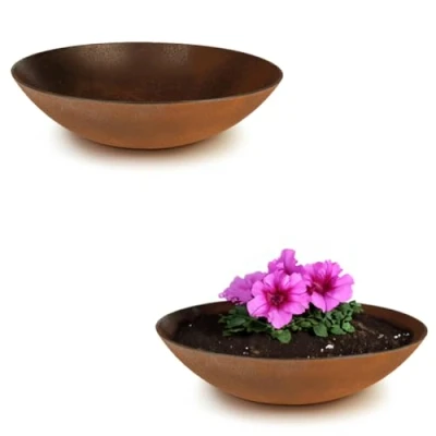 Abbildung von matches21 wetterfeste Pflanzschalen für draussen 2 große Dekoschalen in Rost Metall Optik als Blumenschalen Flache Garten Schalen 35 cm Blumen, Bonsai oder Friedhof Grab Schmuck