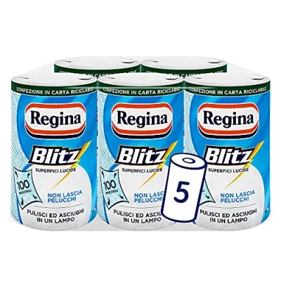 Abbildung von Regina Blitz Casa Papier, 5 Rollen 500 Maxi 3 lagige Blätter, recycelbares blitzschnell sauber und trocken, 100% FSC zertifiziertes Papier