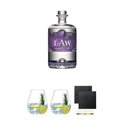 Abbildung von LAW Gin Ibiza 0,7 Liter + Tonic Glas 5414/67 Schiefer Glasuntersetzer eckig ca. 9,5 cm Ø 2 Stück