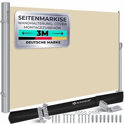 Abbildung von KESSER® Alu Seitenmarkise Ausziehbar &amp; Blickdicht 300 x 180 cm Garten Sichtschutz Windschutz mit Aufrollautomatik für Balkon Terrasse Seitenrollo inkl. Regencover Wandhalterung Beige