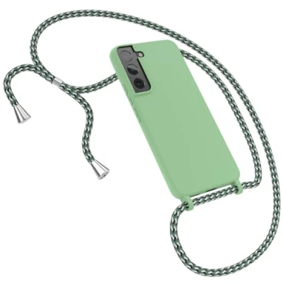 Abbildung von EAZY CASE Liquid Silikon Handykette kompatibel mit Samsung Galaxy S22 5G Soft Slim Cover, 3 Schichten Kratzfest in Grün Halsband Hellgrün Camouflage Metallstücke Silber