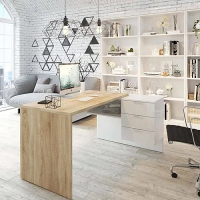 Abbildung von Dmora Schreibtisch Greensboro, Wendeschreibtisch mit Kommode, Eckstudie oder Büro PC Tisch, 145x108h73 cm, Eiche und Weiß