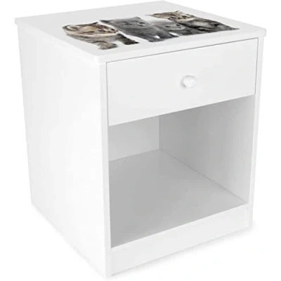 Abbildung von Leomark Nachttisch aus Holz Katzen Nachtschränkchen mit Schublade, Nachtschrank für Kinder, Weiß Nachtkonsole Aufdruck, Höhe: 40 cm