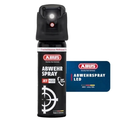 Abbildung von ABUS Abwehrspray LED zur Tierabwehr hochwirksames Pfefferspray mit integrierter Leuchte Selbstverteidigung bei Tierangriffen bis zu 5 m Reichweite sprüht auch über Kopf