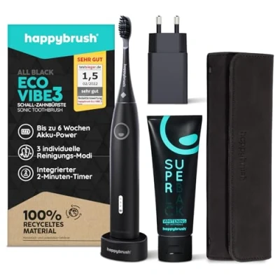 Abbildung von happybrush [Testsieger*] Elektrische Zahnbürste ECO VIBE 3 Starterset Schallzahnbürste mit 6 Wochen Power Akku inkl. Aktivkohle Zahnpasta, Reiseetui schwarz, von Zahnexperten empfohlen