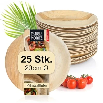Abbildung von Moritz &amp; Einweggeschirr Set Palmblattgeschirr Teller rund 20cm 25 Stück (25 tlg), Nachhaltiges Einweg ca. 20 cm Ø