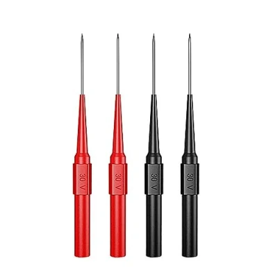 Abbildung von Cleqee 4 Stück Automobilindustrie Back Probe Pins Multimeter Wire Piercing Prüfspitzen mit 4mm Buchse 0.7mm Puncture Nadel 30V/10A für kleine IC Elektronikprüfung Rot &amp; Schwarz