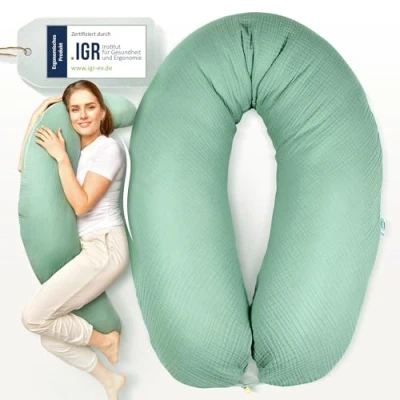 Abbildung von SEI Design Stillkissen Seitenschläferkissen Babynestchen mit EPS Mikroperlen, Schwangerschaftskissen Bezug, Bezug aus Musselin BIO Baumwolle