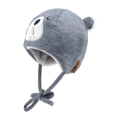 Abbildung von Sterntaler Mütze mit feinem Streifen und Applikation Bär Jungen Beanie Ohrenklappen Bindeband warme Babymütze aus Mischgewebe, gefüttert Teddyflausch Marine, 51