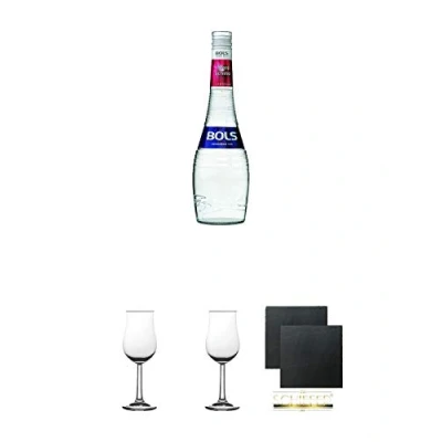 Abbildung von Bols Maraschino klarer Kirschlikör Holland 0,7 Liter + 2 Bugatti Nosing Gläser mit Eichstrich 2cl und 4 cl Schiefer Glasuntersetzer eckig ca. 9,5 cm Ø