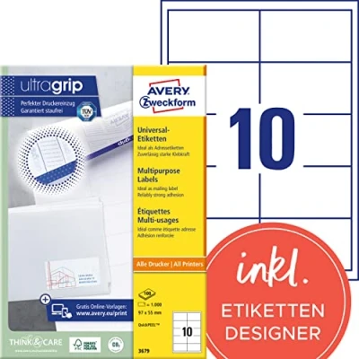 Abbildung von AVERY Zweckform 3679 Adressaufkleber (1.000 Klebeetiketten, 97x55mm auf A4, Papier matt, individuell bedruckbare Absenderetiketten, selbstklebende Adressetiketten mit ultragrip) 100 Blatt, weiß