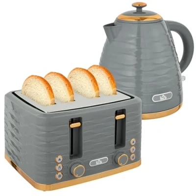 Abbildung von HOMCOM Toaster Wasserkocher und Sets Schnellkochkesse, 4 Schlitze, für Scheiben, 3000 W, Auftau , Aufwärm Krümelschublade, Otter Thermostat, Grau
