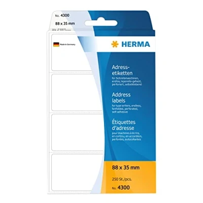 Abbildung von HERMA 4300 Adressetiketten für Schreibmaschinen, endlos, 88 x 35 mm, 250 Stück, selbstklebend, matt, leporello gefalzt, blanko Papier Adressaufkleber Klebeetiketten Aufkleber, weiß