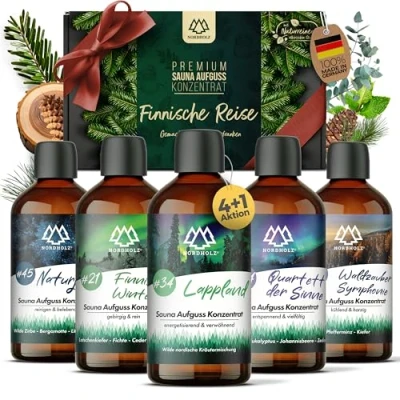 Abbildung von NORDHOLZ® Saunaaufguss Set [5x100ml Finnische Reise] besonderes &amp; natürliches Sauna Aufgussmittel intensiver erholsamer Duft Zubehör