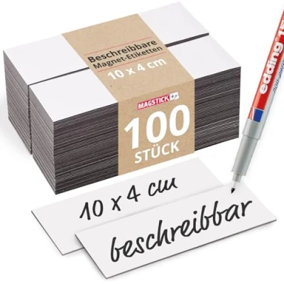 Abbildung von 100 beschreibbare Magnet Etiketten Magstick® I 10 x 4 cm weiß magnetische Beschriftungsfolie beschreibbar Streifen zum Beschriften mag156