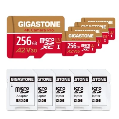 Abbildung von [5 Jahre kostenlose Datenwiederherstellung] GIGASTONE 256GB MicroSDXC Speicherkarte 5 Pack+SD Adapter,Kamera,GoPro Switch,speed 100 MB/s,MicroSD Karte
