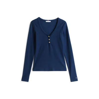 Abbildung von Tommy Hilfiger SLIM Henley Langarmshirt, Damen, Größe: XXS, Dark night navy