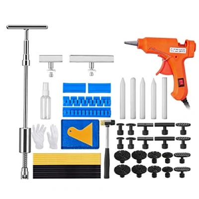Abbildung von VEVOR 52 teiliger Ausbeulen Abzieher Ausbeulwerkzeug Dellen Reparaturset, inkl. 20 Brückenabziehlaschen &amp; 2 x Abisolierungsnut, in 1 Gleithammer Entfernung von Beulen, für Autos usw.