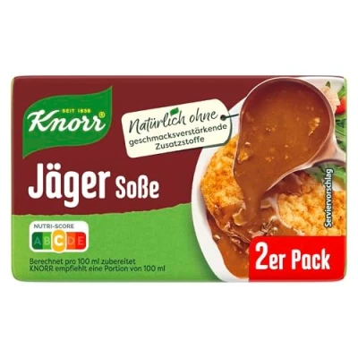 Abbildung von Knorr Jäger Soße leckere braune Sauce ohne geschmacksverstärkende Zusatzstoffe 2er Pack à 46 g (2 x 250 ml) 18 Stück