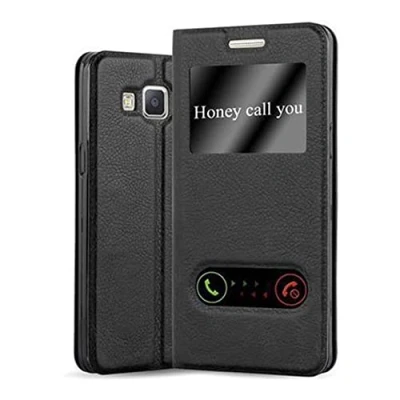 Abbildung von Cadorabo Hülle kompatibel mit Samsung Galaxy A3 2015 Sichtfenster aus Kunst Leder Flip Klappbare Magnetische [Standfunktion] [Kartenfächern] Cover für Tasche in Schwarz