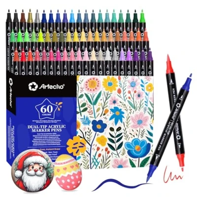 Abbildung von Artecho Acrylstifte 60 Farben, 0.5 5mm Wasserfester Dual Tip Marker (Pinsel und feine Spitze), mit doppelten Enden für Rock Painting, Glas, Papier, Holz, Ei, Leinwand, Keramik, Stoff, DIY Crafts