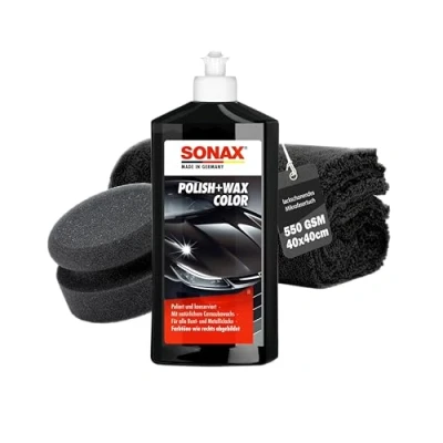 Abbildung von Auto Politur Set Sonax Polish &amp; Wax Color Schwarz 500ml Autopolitur + Polierschwamm Poliertuch Polierpaste für Bunt und Metalliclacke zur Entfernung kleiner Kratzer Polierset