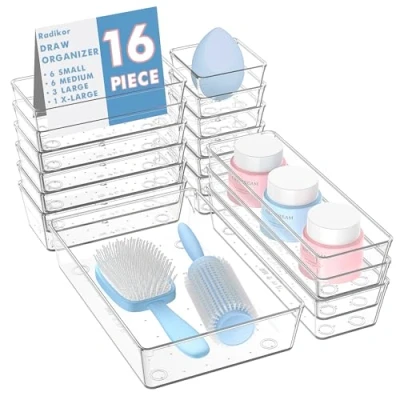 Abbildung von Radikor Schubladeneinsatz Schubladen Organizer 16 Stück Schminktisch in 4 Größen, Drawer Organizer, Make Up Ordnungssystem für Schreibtisch, Büro, Küchen, Bad