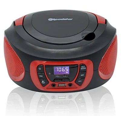 Abbildung von Roadstar CDR 365U/RD Tragbarer Radio CD Spieler Digital FM PLL, Boombox Spieler, R, RW, MP3, USB Anschluss, Stereo, AUX IN, Kopfhörerausgang, Schwarz/Rot