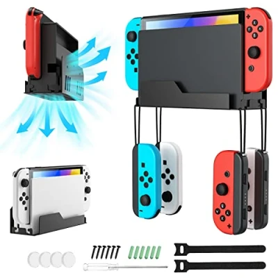Abbildung von MoKo Wandhalterung für Nintendo Switch/Switch OLED, Metall Halterung mit 4 Joy Con Haken, Schnelle Wärmeableitung Löcher, Aufbewahrung des Switch in der Nähe oder hinter dem Fernseher, Schwarz