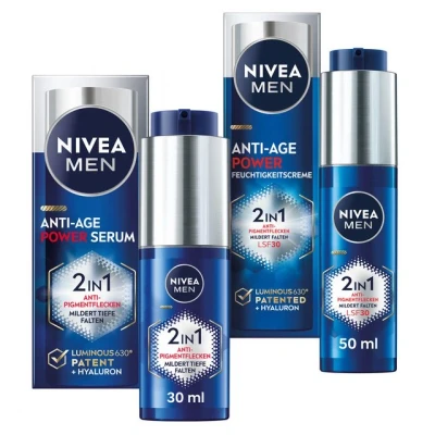 Abbildung von NIVEA MEN Anti Age Power Set mit Aging Serum und Tagespflege LSF 30, Gesichtspflege Hyaluron für Effekt, Hautpflege LUMINOUS630® gegen Alters Pigmentflecken