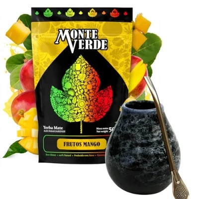 Abbildung von Yerba mate tee Set mit Monte Verde Frutos Mango 500g ● frucht Keramik tasse Marmol 350ml Edelstahl Bombilla 19cm