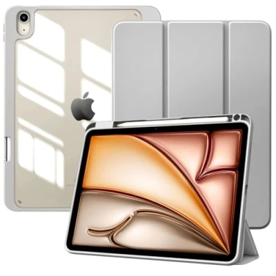 Abbildung von TiMOVO Hülle für iPad Air 11 Zoll M2 2024, 6/5/4 (2024/2022/2020) 10,9&quot;, Schutzhülle mit Stifthalter, Schlank Ständer Klar Rückseite, Auto Schlaf/Aufwach, Hell Grau