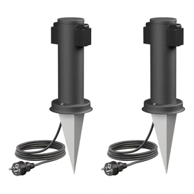 Abbildung von ledscom.de 2 Stück Garten Steckdosen Säule PORU mit Erdspieß und 2m Kabel für außen, Fach, Edelstahl, anthrazit, rund, 27cm