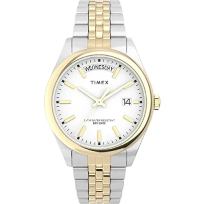 Abbildung von Timex Trend Damen Armbanduhr, 36 mm, zweifarbiges Edelstahlarmband, weißes Zifferblatt, Gehäuse TW2V68500
