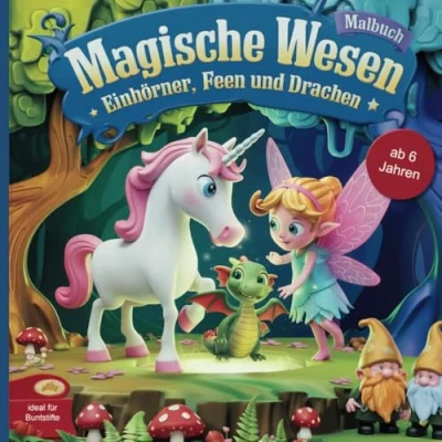 Abbildung von Malbuch Magische Kreaturen: Eine Reise in die Fantasie mit Einhörnern, Feen und Drachen für Kinder ab 6 Jahren 50 Ausmalbildern