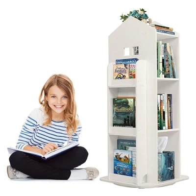 Abbildung von uyoyous 3 stufiges Drehbares Bücherregal Kinder Standregal Drehregal Weiß Drehbar Buchregal Boden Regal Kinderbuchregal für Schlafzimmer Wohnzimmer Arbeitszimmer, 40x40x95cm